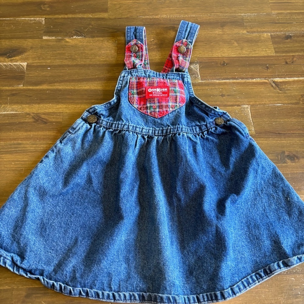 Oshkosh B’gosh American Vintage Cotton Denim Overall Dress Plaid Bow Toddler 4